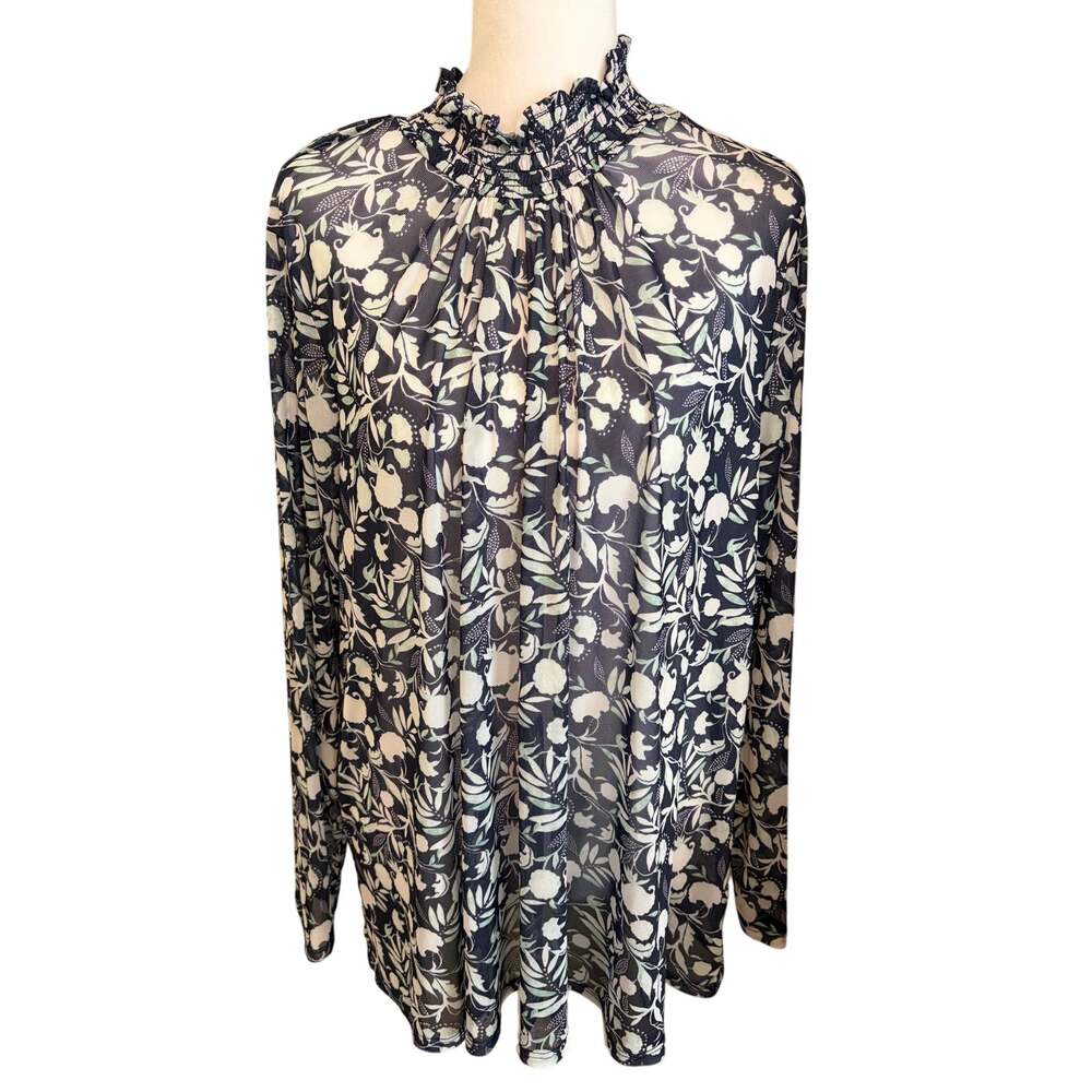 Lane Bryant Blue Floral Sheer Long Sleeve Mock Neck Blouse 18/20